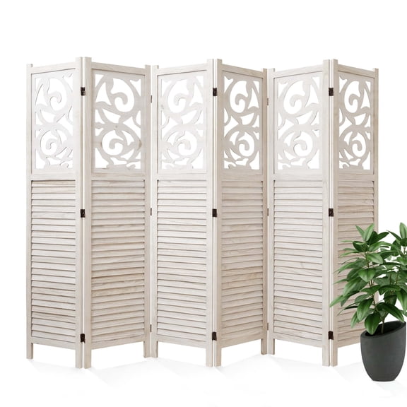 6 Panel Carved Room Divider Folding Privacy Screen, Freestanding Partition Wall for Home Office Bedroom Indoor Outdoor No Assembly Required