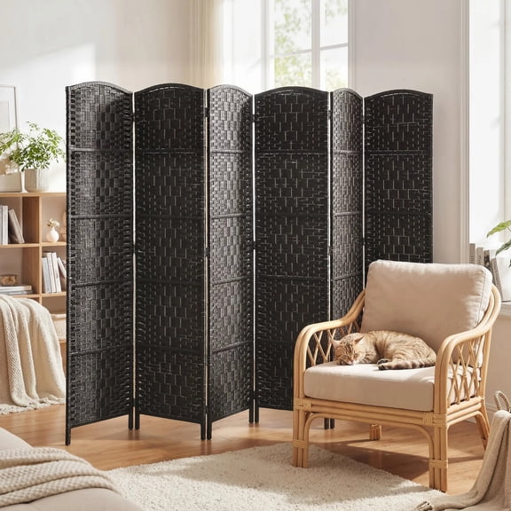 6-Panel Coffee Woven Paper Rope Room Divider Poplar Wood Frame Folding Privacy Screen
