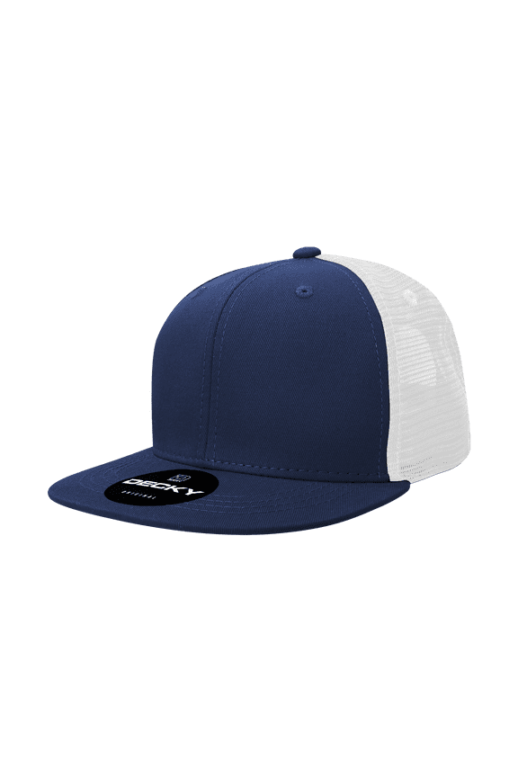 6 Panel Flat Bill Trucker Caps, Nvy/Wht