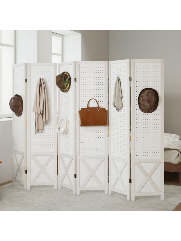 6-Panel Foldable Pegboard Room Divider, 67 Inch Tall Privacy Partition, Paulownia Wood Freestanding Display Screen for Home & Commercial Use