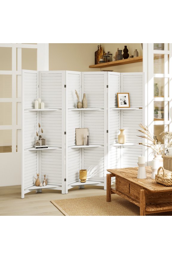 6-Panel Foldable Privacy Screen Room Divider in White Paulownia Wood with 3 Shelves, Blinds Style, No Assembly Required, for Home Office Patio