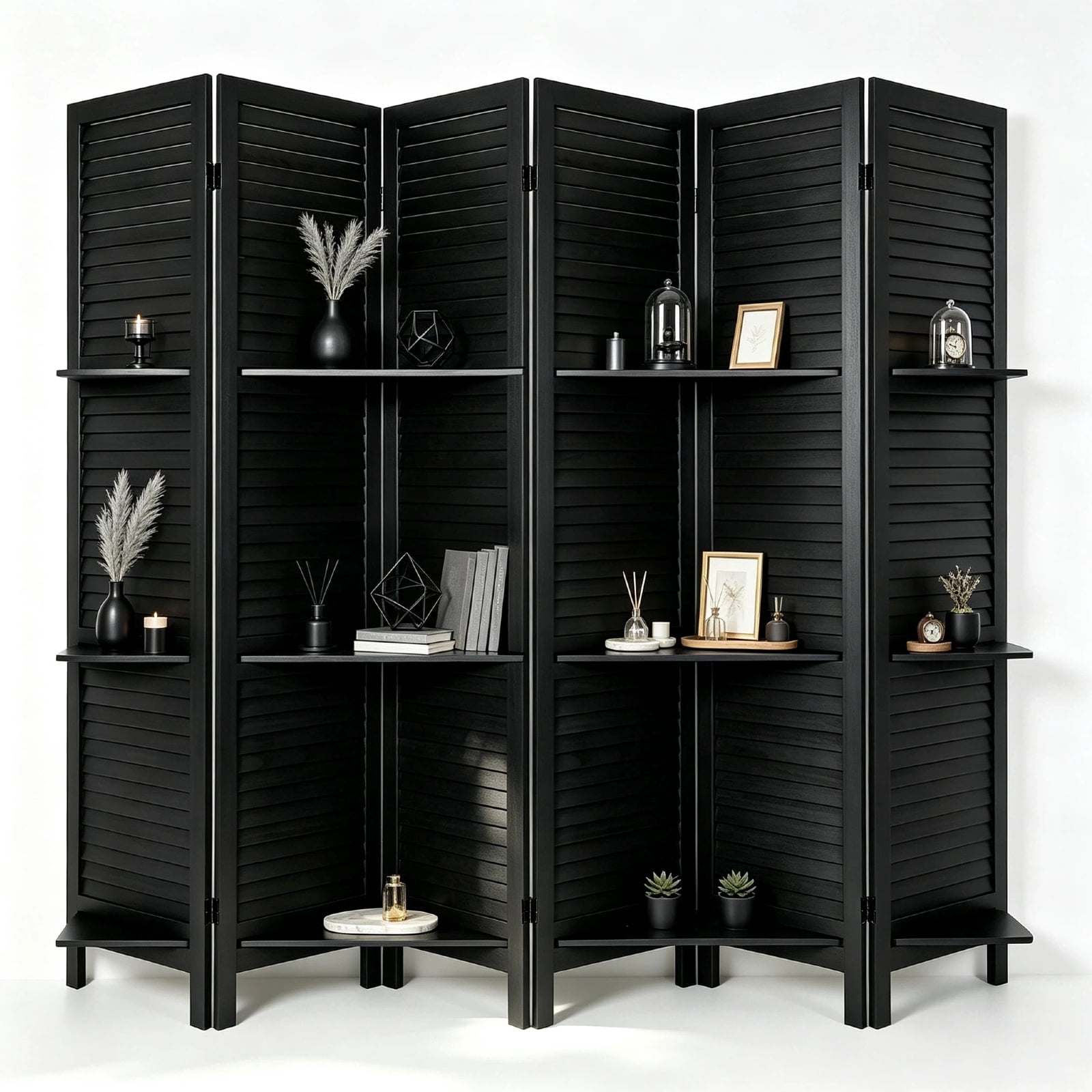Inlay Panel Sign 6 Panel Folding Room Divider with 3-Tier Shelves, 67