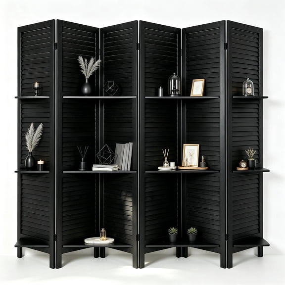 6 Panel Folding Room Divider with 3-Tier Shelves, 67" Tall Black Wood Louvered Privacy Screen, 96" Max Wide Freestanding Partition Wall with Storage Shelves for Bedroom Living Room Home Office