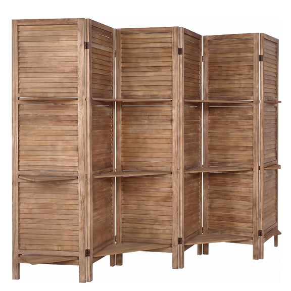 6 Panel Folding Room Divider with 3-Tier Shelves, 67" Tall Brown Wood Louvered Privacy Screen, 96" Max Wide Freestanding Partition Wall with Storage Shelves for Bedroom Living Room Home Office