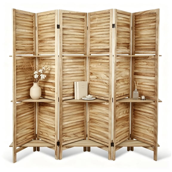 6 Panel Folding Room Divider with 3-Tier Shelves, 67" Tall Natural Wood Louvered Privacy Screen, 96" Max Wide Freestanding Partition Wall with Storage Shelves for Bedroom Living Room Home Office