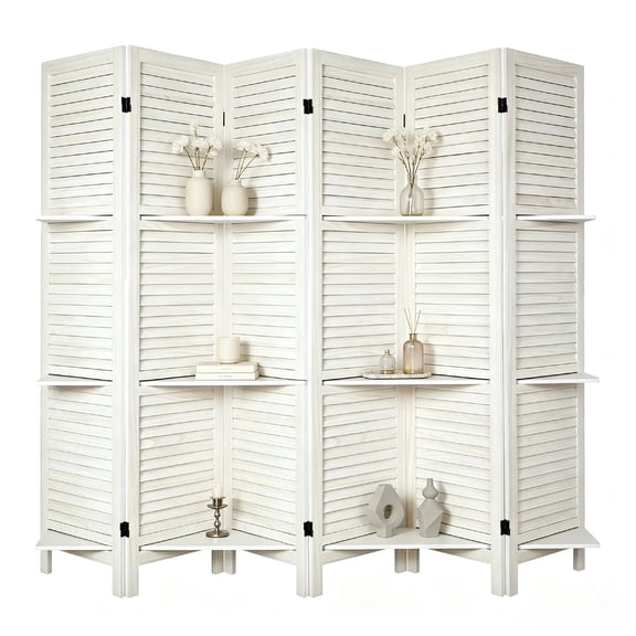 6 Panel Folding Room Divider with 3-Tier Shelves, 67" Tall White Wood Louvered Privacy Screen, 96" Max Wide Freestanding Partition Wall with Storage Shelves for Bedroom Living Room Home Office