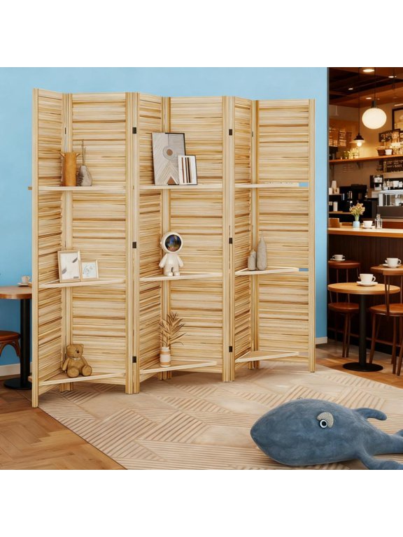 6Panel Folding Room Divider 67 H Inch, Natural Paulownia Wood Louvered Screen with 3 Removable Display Shelves, Freestanding Privacy Partition