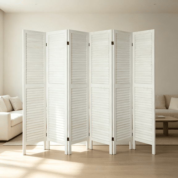 6 Panel Folding Room Divider, 67" Tall White Wood Louvered Privacy Screen, 94.5" Wide Freestanding Decorative Partition Wall for Bedroom, Living Room, Home Office & Apartment