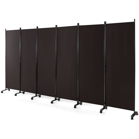6-Panel Folding Room Divider 6FT Rolling Privacy Screen w/ Lockable Wheels Brown For Daily Life