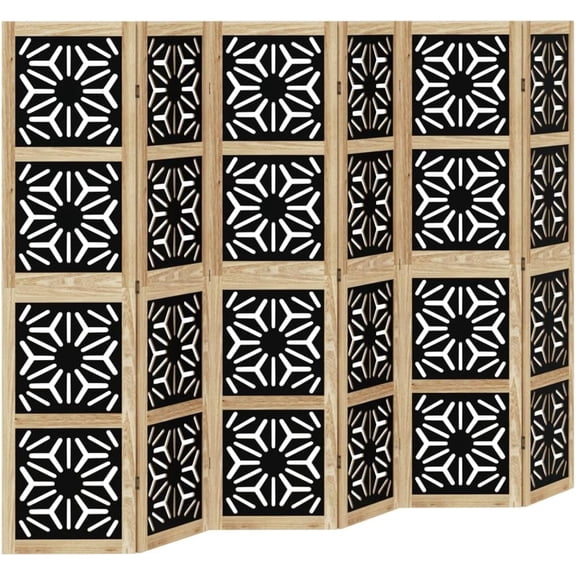 6 Panel Folding Room Divider with Geometric Cut-Out Design, Engineered Wood Privacy Screen with Solid Paulownia Wood Frame, Easy to Clean and Fold, for Living Room Bedroom Office