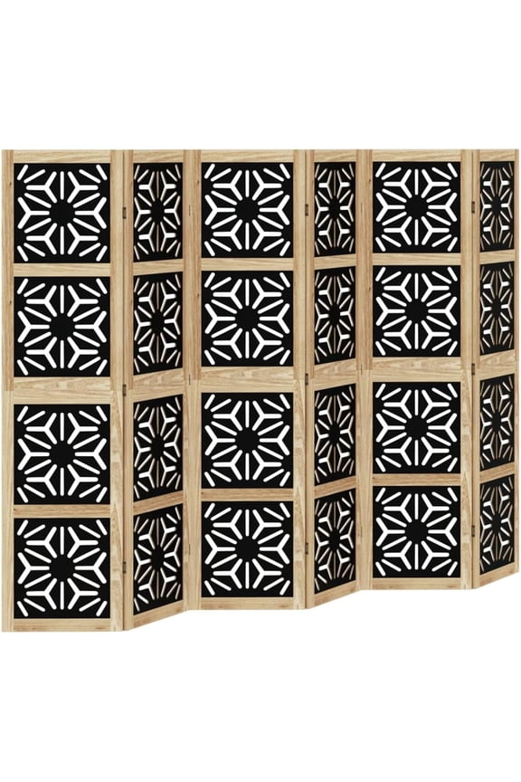 6 Panel Folding Room Divider with Geometric Cut-Out Design, Engineered Wood Privacy Screen with Solid Paulownia Wood Frame, Easy to Clean and Fold, for Living Room Bedroom Office