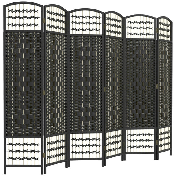 6 Panel Folding Room Divider Privacy Screen with Woven Paper Rope Design and Wood Frame, Black