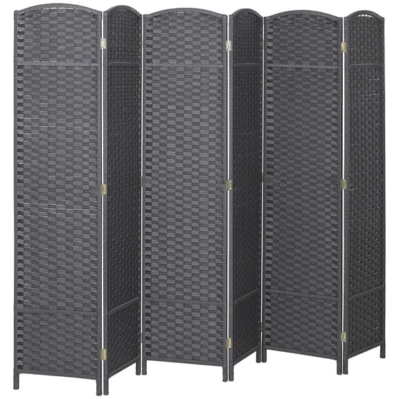 6 Panel Folding Room Divider Screen, 5.6 ft Tall Freestanding Privacy Screen, Arched Pine Wood Frame Partition for Home Office, Charcoal Gray