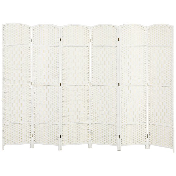 6 Panel Folding Room Divider Screen, 6 ft Tall Freestanding Privacy Screen, Arched Pine Wood Frame Partition for Home Office, White