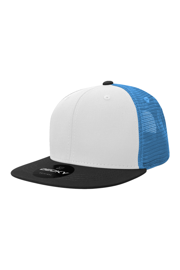 6033 6 Panel High Profile Structured Cotton Blend Trucker-Black/White/Sky