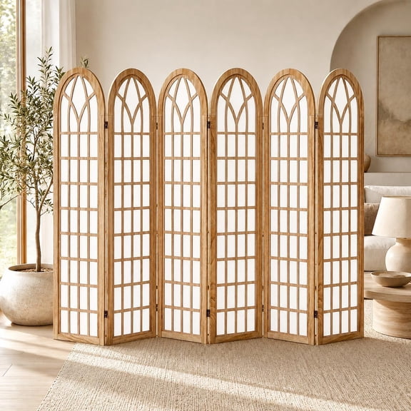 6 Panel Japanese Room Divider, Shoji Style Partition Divider, Fully Assembled Wooden Privacy Screen for Home Office Bedroom Apartment Decoration, Natual