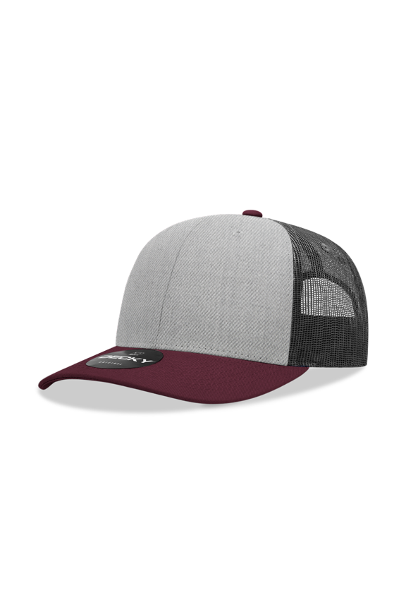 6021 6 Panel Mid Profile Structured Cotton Blend Trucker-Maroon/H.Grey/Charcoal