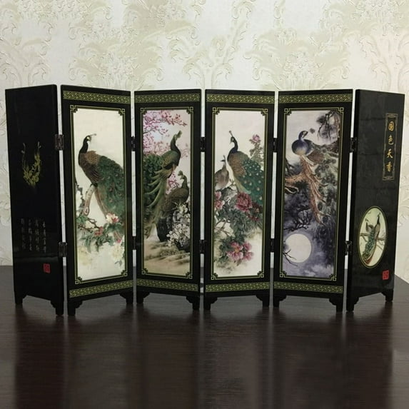 6-Panel Peacock Screen Room Divider Wood Folding Partition Commemorative