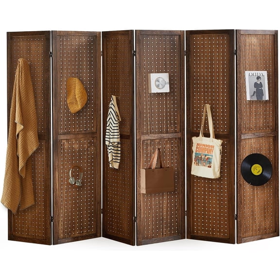 6 Panel Pegboard Display with 24 Hooks, Privacy Dividers for Rooms, Wooden Room Divider Wall and Folding Privacy Screens, Pegboard Room Divider, Bedroom, Balcony, Dark Brown