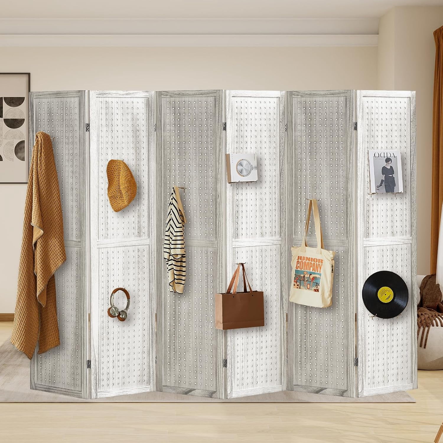 6 Panel Pegboard Display with 24 Hooks, Wooden Room Divider Wall and ...