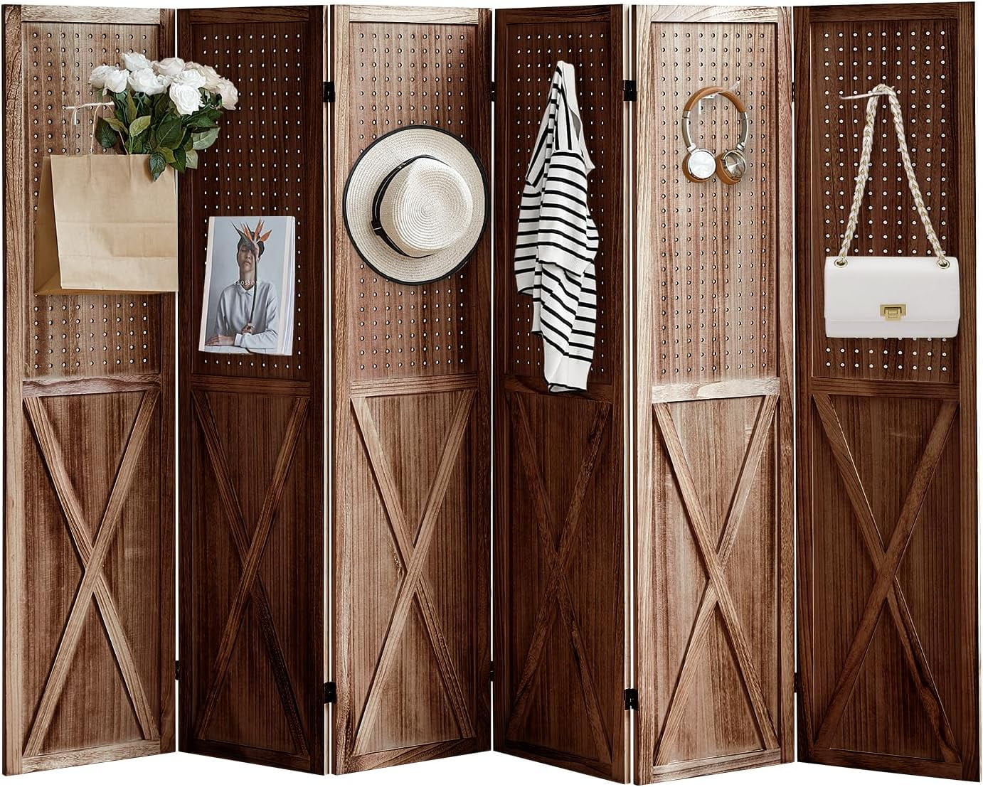 Room Divider, 5.6FT Folding Room Divider Panel And Privacy Screen 6 Panel Pegboard Display Partition Wall Divider For Room Separation Natural Wood