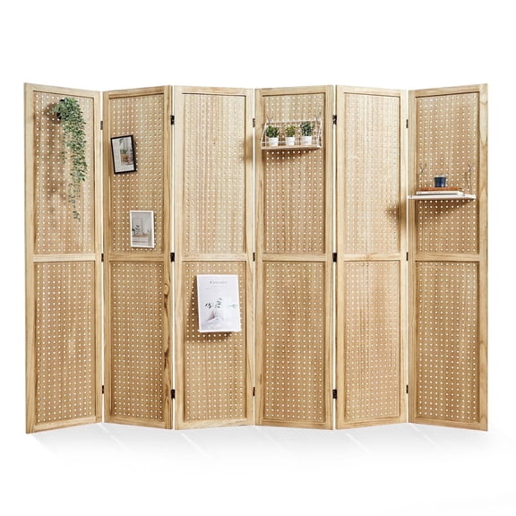 6 Panel Pegboard Room Divider Folding Privacy Screen, Peg board Display Stand Partition Wall for Home Office Bedroom No Assembly Required,Natural Wood