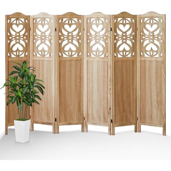 6 Panel Room Divider, 5.6Ft Carved Room Divider Wall and Folding Partition Divider Wal, Folding Privacy Screen, Portable Partition Screen for Bedroom Home Office - Natural