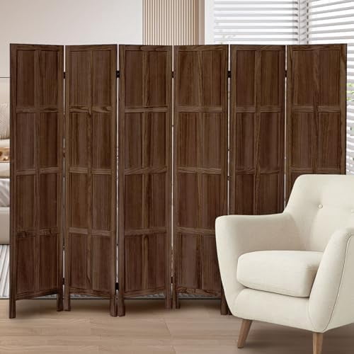 6 Panel Room Divider, 5.6Ft Tung Wood Room Divider, Vintage Minimalist ...