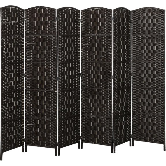 6-Panel Room Divider, 6FT Tall Folding Privacy Screen, Freestanding Hand-Woven Paper Rope Diamond Weave, Coffee