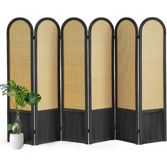 6 Panel Room Divider and Folding Privacy Screen, 5.6 Ft Foldable Double Hinged Rattan Partition, Hand-Woven Rattan Room Divider Portable Wood Freestanding Wall Divider for Room Separation - Black