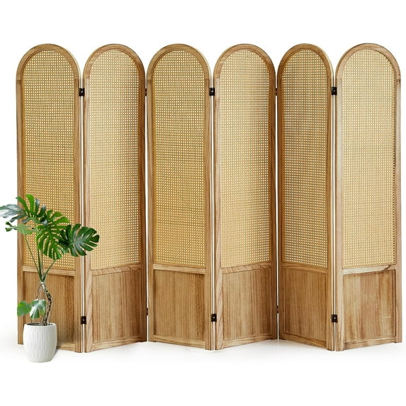 6 Panel Room Divider and Folding Privacy Screen, 5.6 Ft Foldable Double Hinged Rattan Partition, Hand-Woven Rattan Room Divider Portable Wood Freestanding Wall Divider for Room Separation - Natural