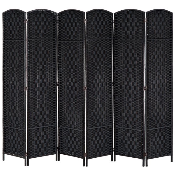 6 Panel Room Divider Privacy Screen 6 Tall Wicker Weave Folding Partition for Small Spaces - Black Wood