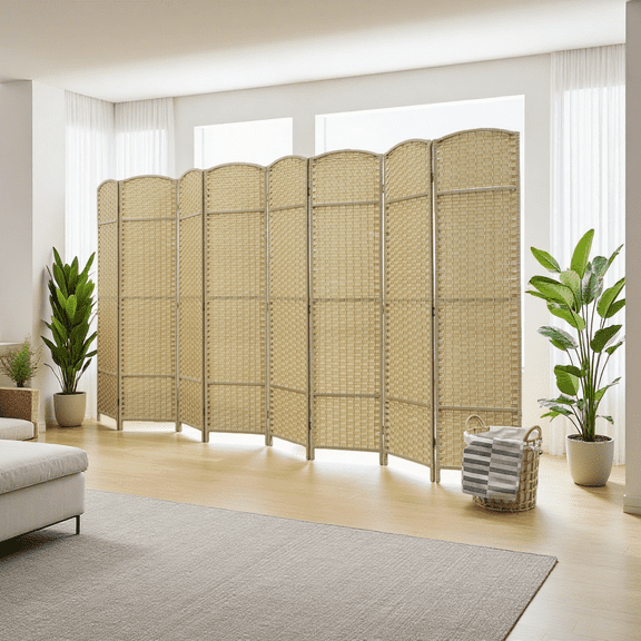 6-Panel Room Divider Privacy Screen, Arched Top Folding Partition with Woven Design, Natural Beige Decor for Home Office, Bedroom, and Living Space