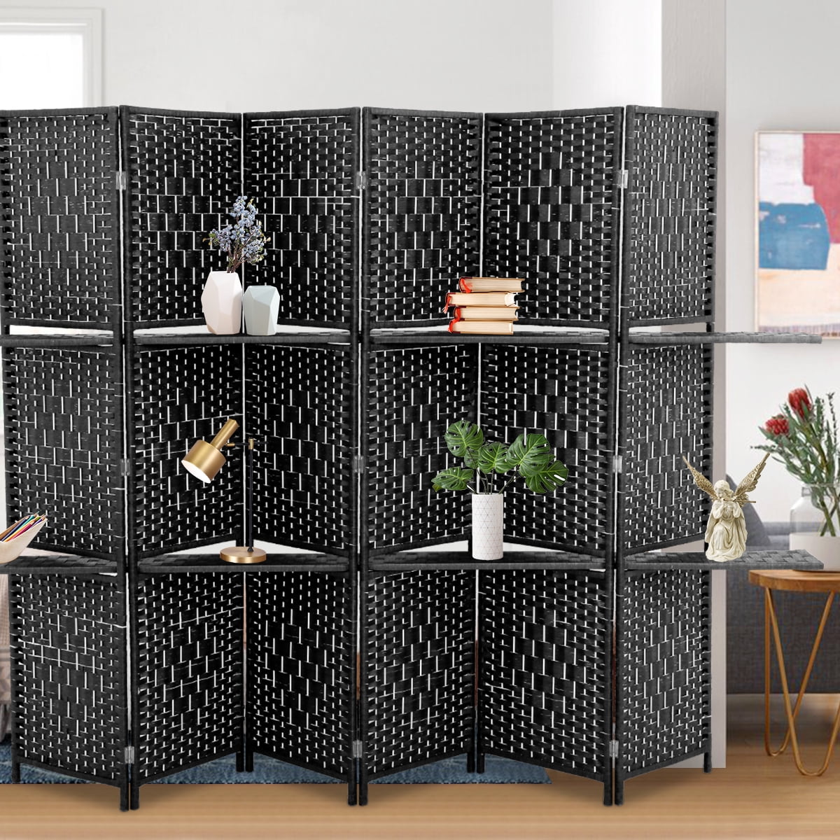 6 Panel Room Divider Screen Divider Folding Partition Screen Portable Wooden Screen with Removable Storage Shelves, Freestanding Partition for Home Office Bedroom, Black
