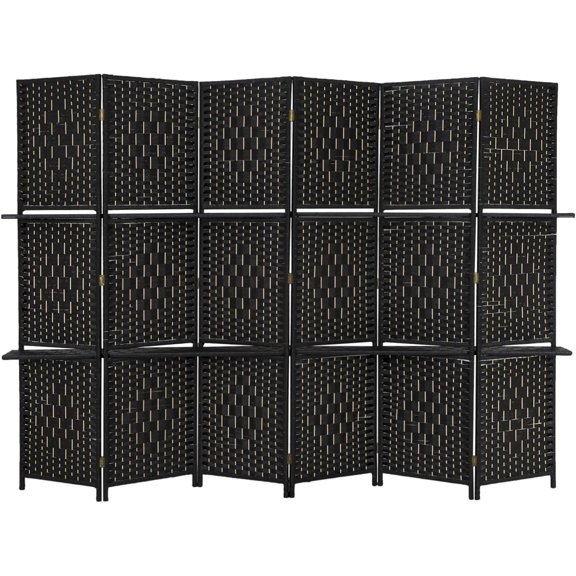 6 Panel Room Divider Screen with Removable Shelves - Folding Portable Partition for Privacy - Wooden Folding Screen Room Divider (Black)