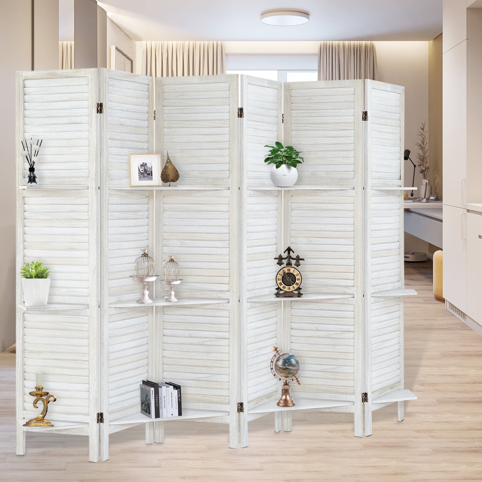 White Room Divider 6-Panel Room Divider with Shelves,5.6ft Tall Folding Privacy Screen