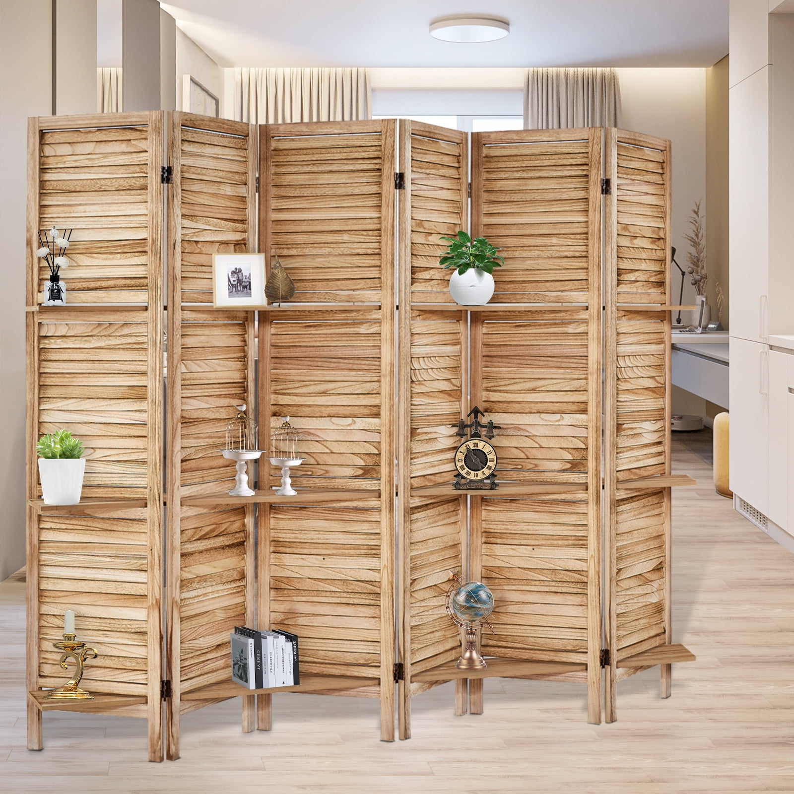 6Panel Room Divider with Shelves，5.6ft Tall Folding Privacy Screen