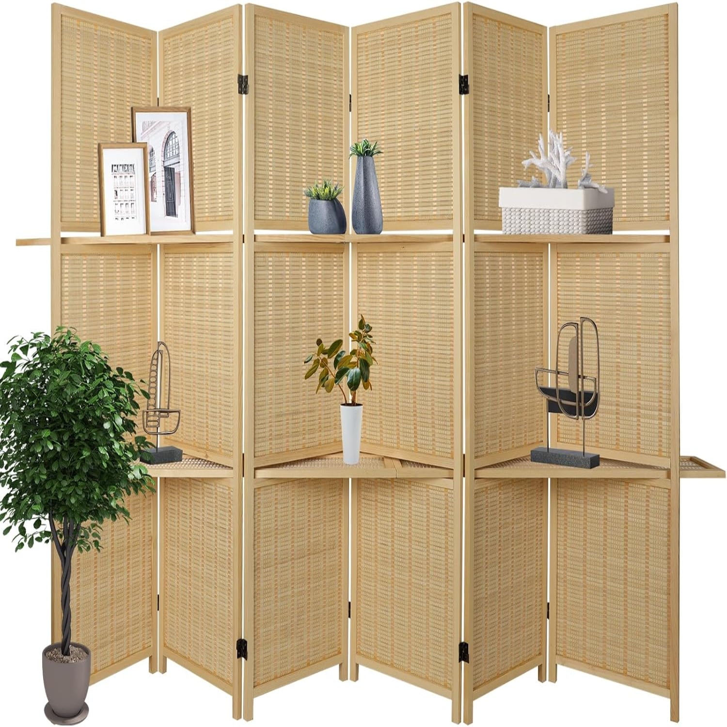 6 Panel Room Divider Wood Room Divider with Shelves 5.6Ft Portable Room