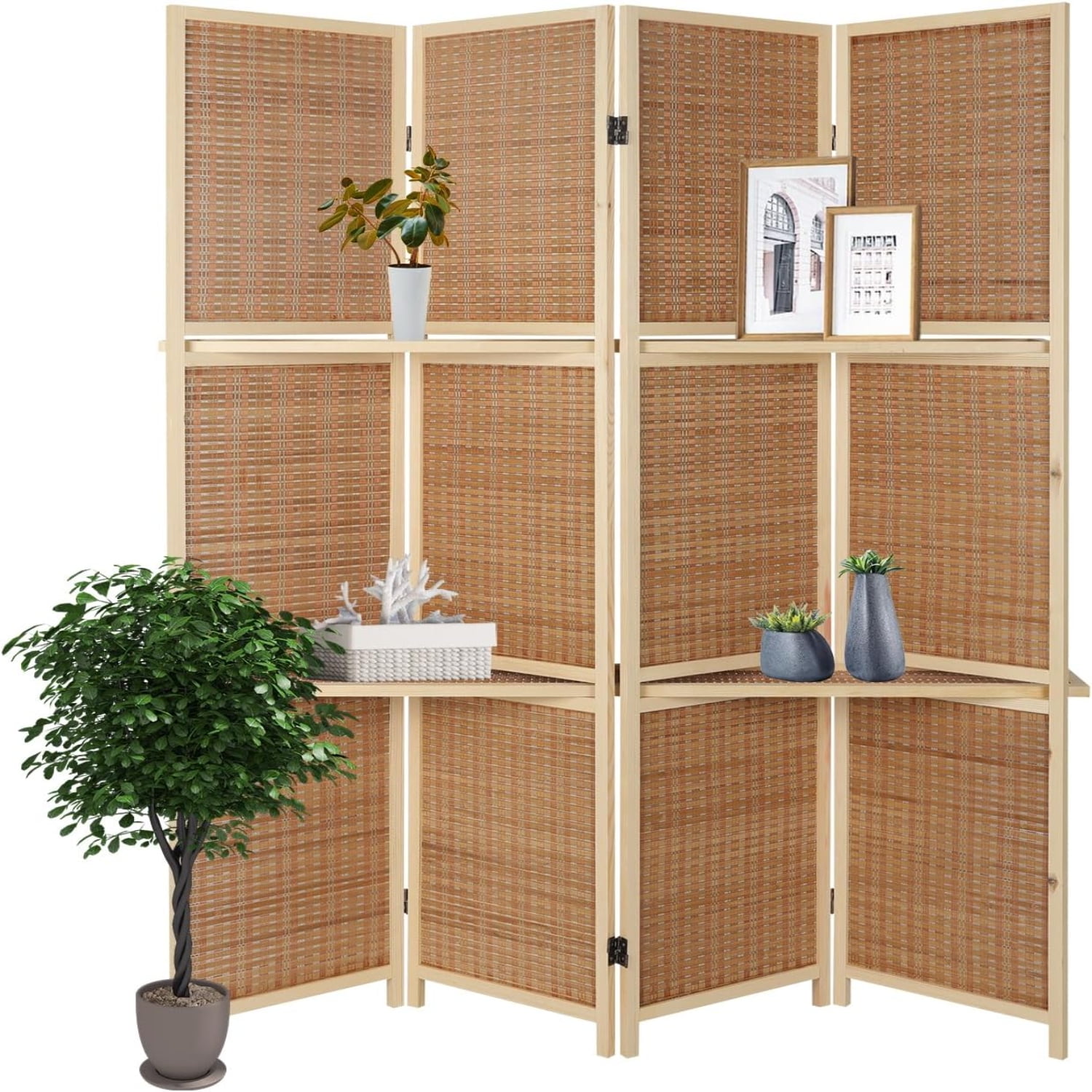 6 Panel Room Divider Wood Room Divider with Shelves 5.6Ft Portable Room