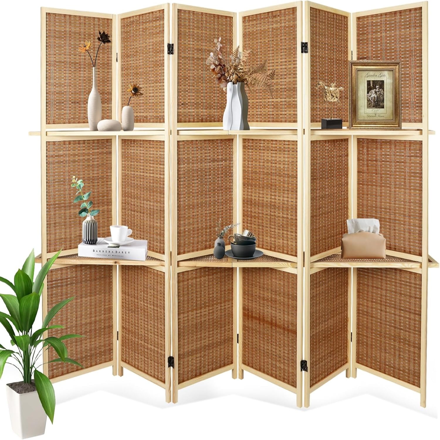 6 Panel Room Divider Wood Room Divider with Shelves 5.6Ft Portable Room