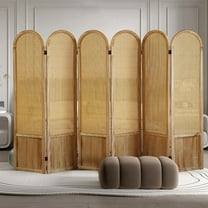 6 Panel Room Dividers and Folding Privacy Screens, Hand-Made Rattan Room Divider with Bi-Directional Hinge, Pre-Assembled Wood Room Divider Wall for Home Office Bedroom, Light Brown