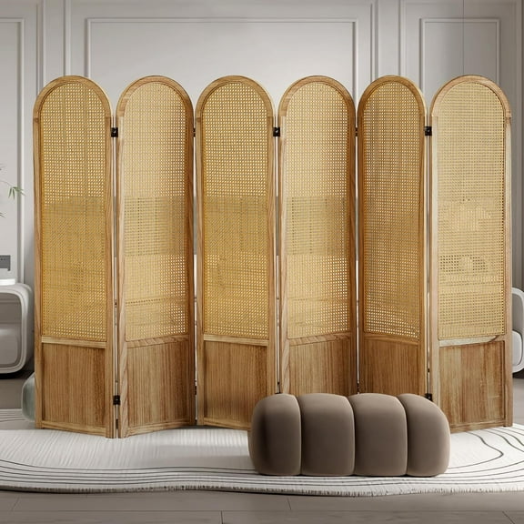 6 Panel Room Dividers and Folding Privacy Screens, Hand-Made Rattan Room Divider with Bi-Directional Hinge, Pre-Assembled Wood Room Divider Wall for Home Office Bedroom, Light Brown