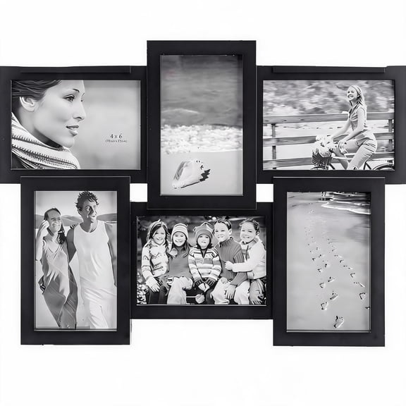 6 Panel Staggered Integrated Wooden Collage Photo Frame Gallery Wall Hanging Decor, Holds 4x6 Inch Family Travel Pictures, Black