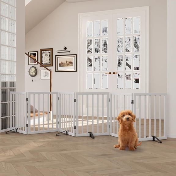 6-Panel Wood Dog Gate, 24" H Freestanding Pet Fence w/4 Metal Stands for Doorways & Stairs, Expands to 110" W - White