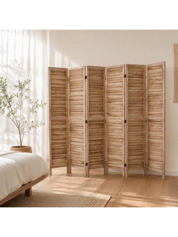 6 Panel Wood Room Divider, 66.9 in Tall Folding Privacy Screen, Paulownia Wood, Indoor Partition