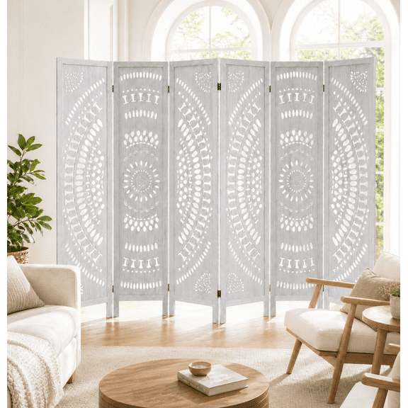 6 Panel Wood Room Divider, 67-Inch Boho Carved Folding Screen, Paulownia Privacy Screen with Two-ways Hinges,Decorative Freestanding Room Partition for Bedroom, Office or Studio, White