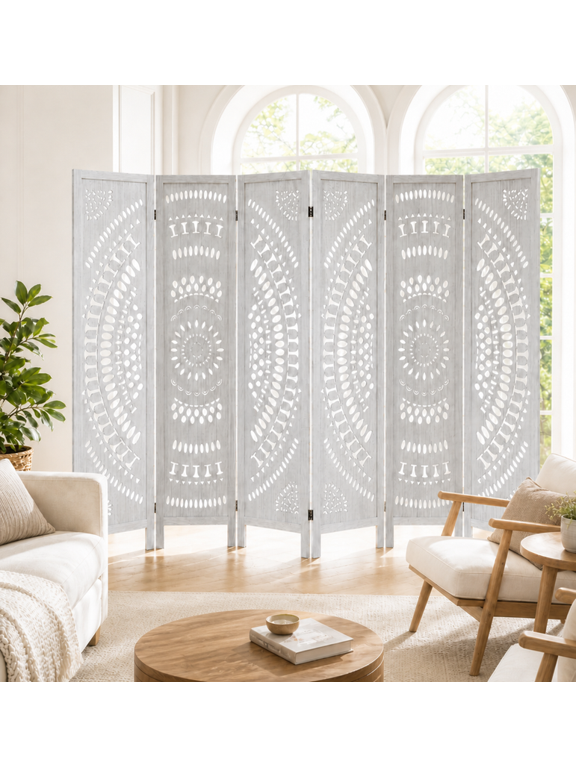 6 Panel Wood Room Divider, 67-Inch Boho Carved Folding Screen, Paulownia Privacy Screen with Two-ways Hinges,Decorative Freestanding Room Partition for Bedroom, Office or Studio, White