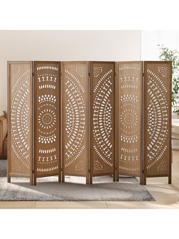 6 Panel Wood Room Divider, 67-Inch Boho Carved Folding Screen, Paulownia Privacy Screen with Two-ways Hinges,Decorative Freestanding Room Partition for Bedroom, Office or Studio, Brown