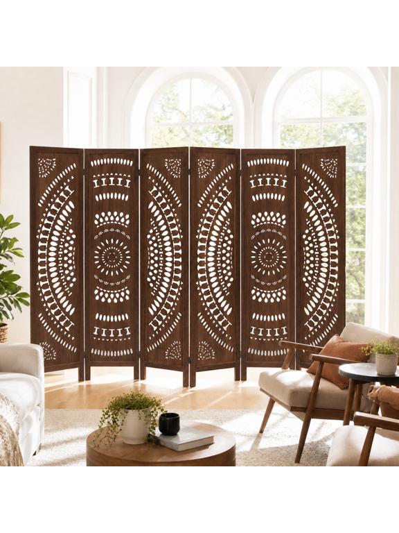 6 Panel Wood Room Divider, 67-Inch Boho Carved Folding Screen, Paulownia Privacy Screen with Two-ways Hinges,Decorative Freestanding Room Partition for Bedroom, Office or Studio, Dark Brown