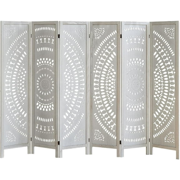 6 Panel Wood Room Divider Fully Assembled, Carved Boho Room Dividers and Folding Screens, 5.6Ft Room Divider Screen Freestanding Partition Wall Dividers for Home Bedroom Office, White
